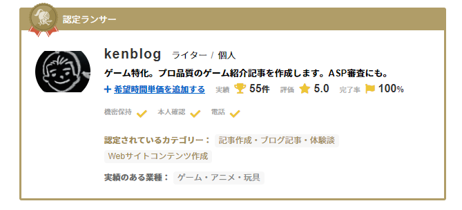 kenblog ランサーズのプロフィール