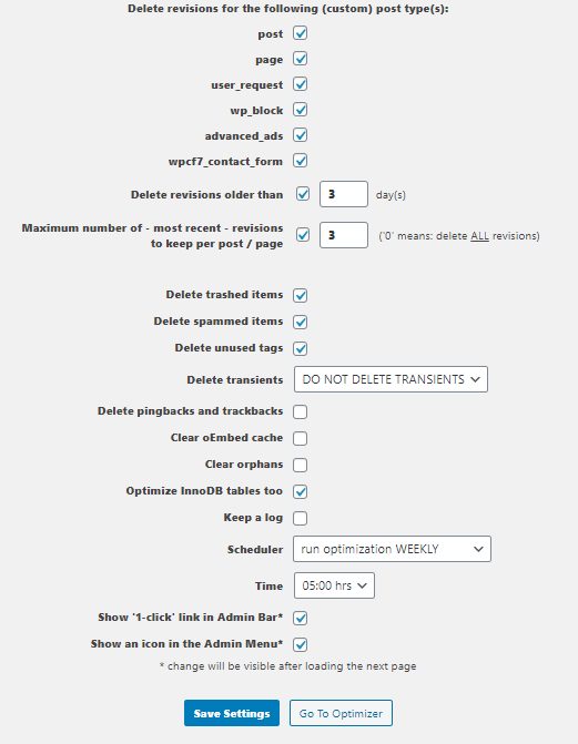 『Optimize Database after deleting Revisions』の設定